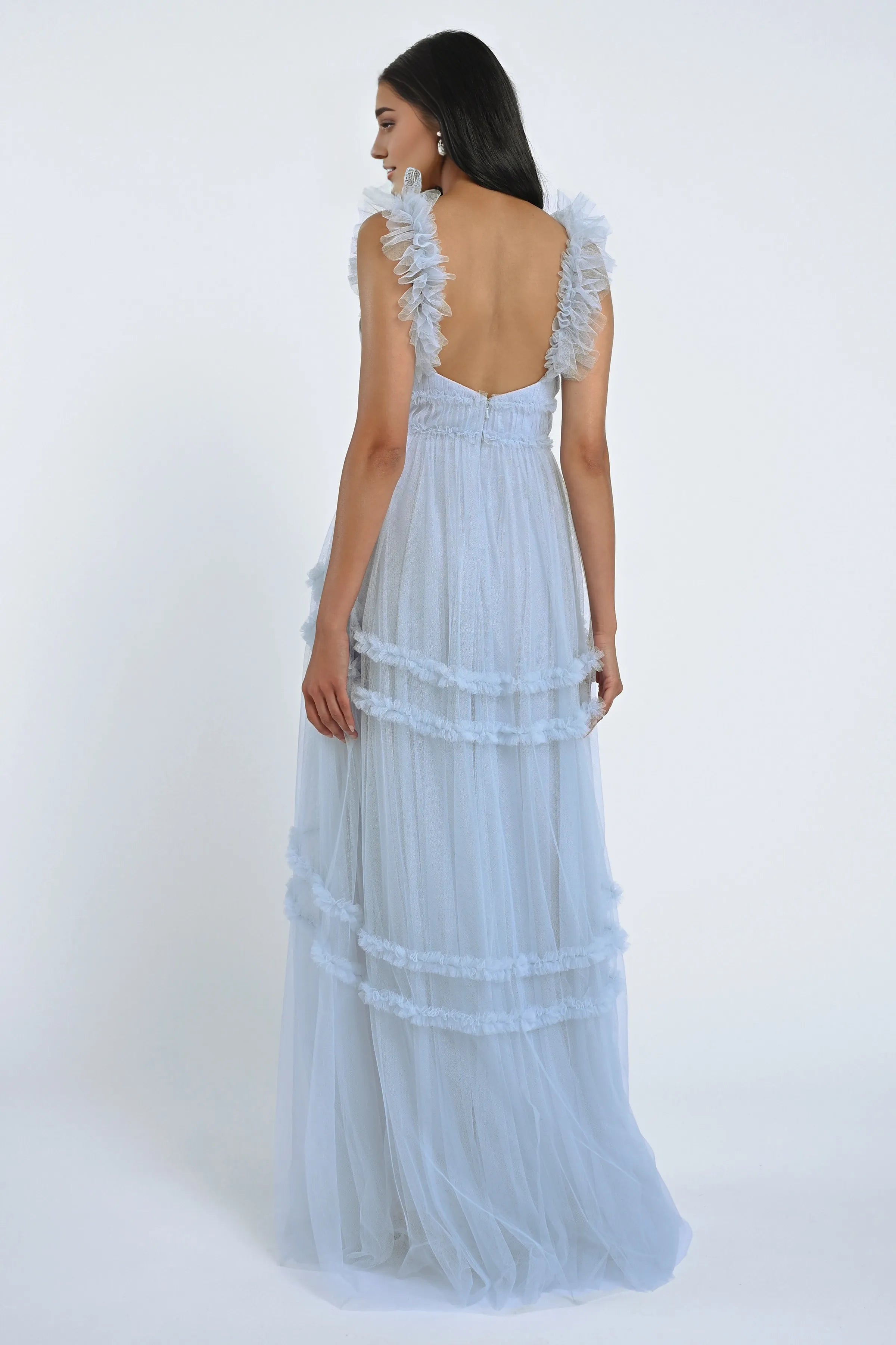 Robe Weitese en tulle élégante, décolleté en cœur, sans manches, robe de demoiselle d'honneur, bretelles à volants, coupe trapèze, longueur au sol, fermeture éclair dans le dos